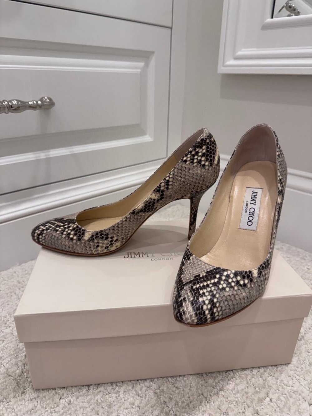 Authentic Jimmy Choo Gilbert Natural Snake Print Leather Pumps Sz 37.5